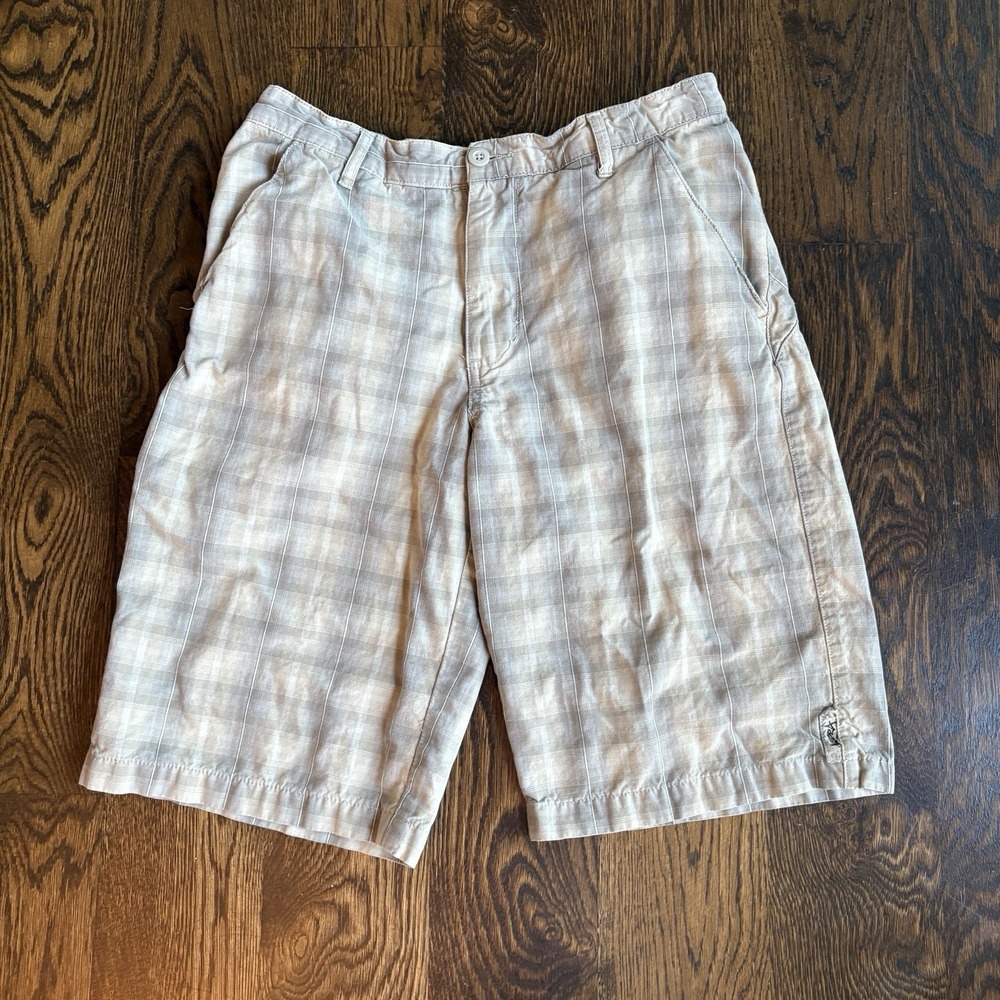 VTG 2000s Kirra Plaid Shorts Mens 32 Tan Gray Skater Y2K Flat Front Baggy